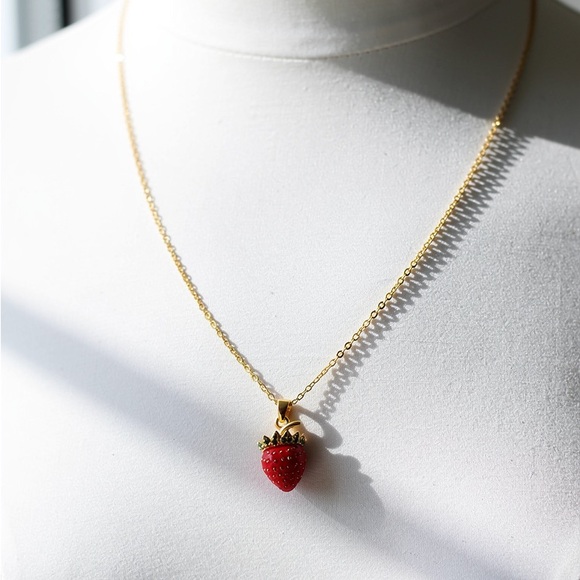 Dainty 18K Gold plated Strawberry Pendant Necklace - Picture 3 of 5